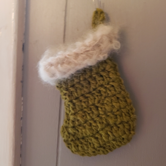 Hand Crafted Crochet Mohair Trimmed Green Stocking Ornament - Picture 3 of 4